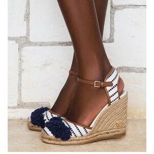 Tory Burch Espadrille Wedges Sandals Navy Cream Wedge Size 7.5 US